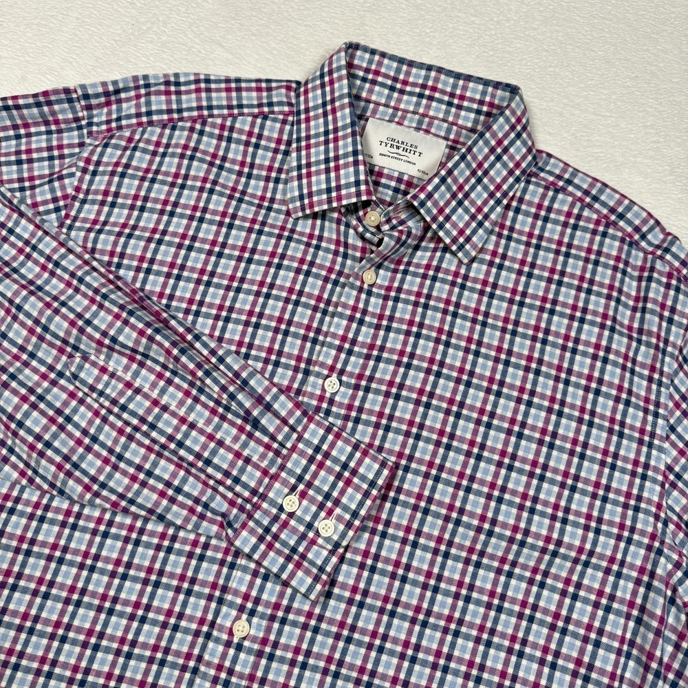 Charles Tyrwhitt Shirt Mens 17/35 Blue Purple Plaid Long Sleeve Button Down